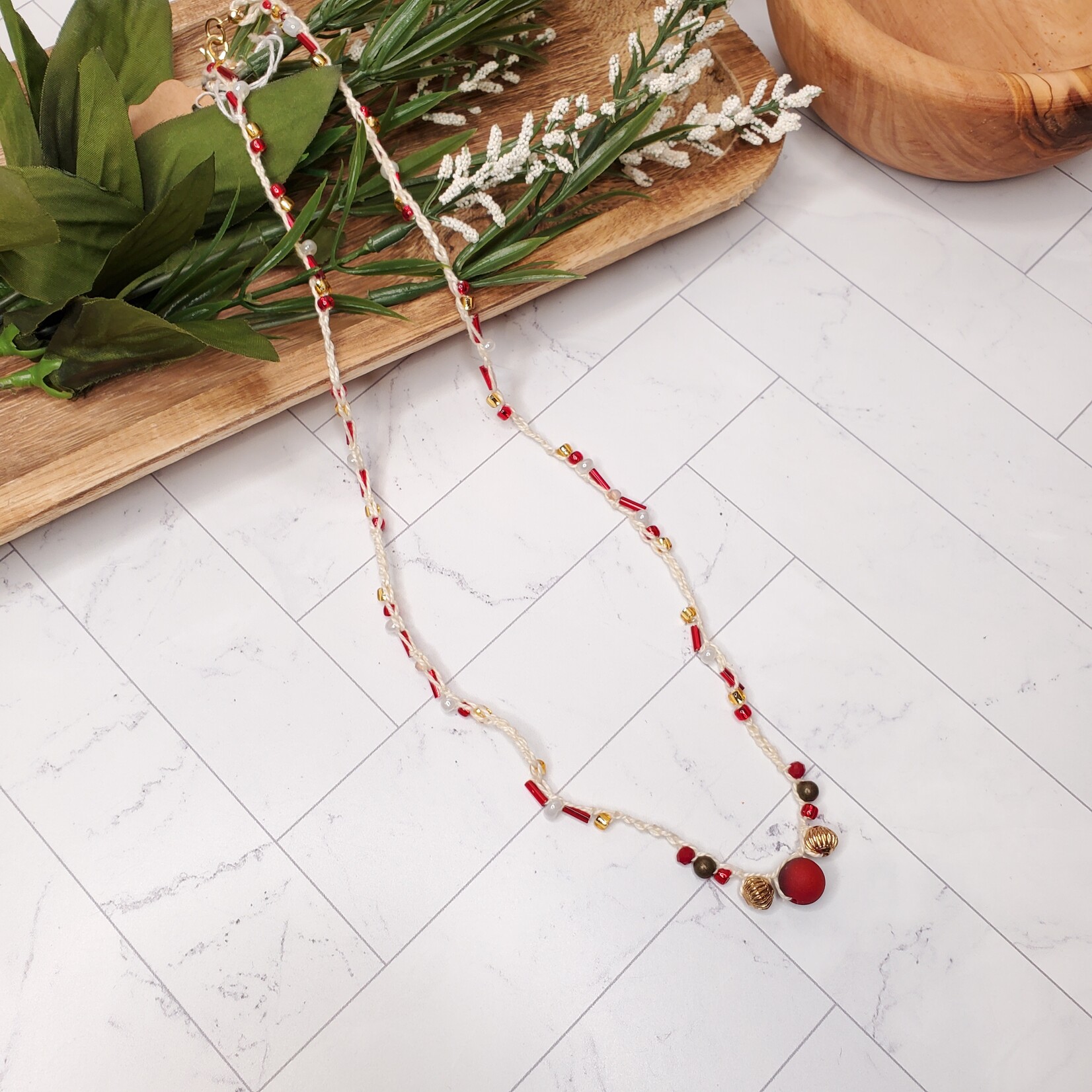 Crescent Moon Jewelry of the Sierras Bead Crochet Necklace - Red & Gold - 26"