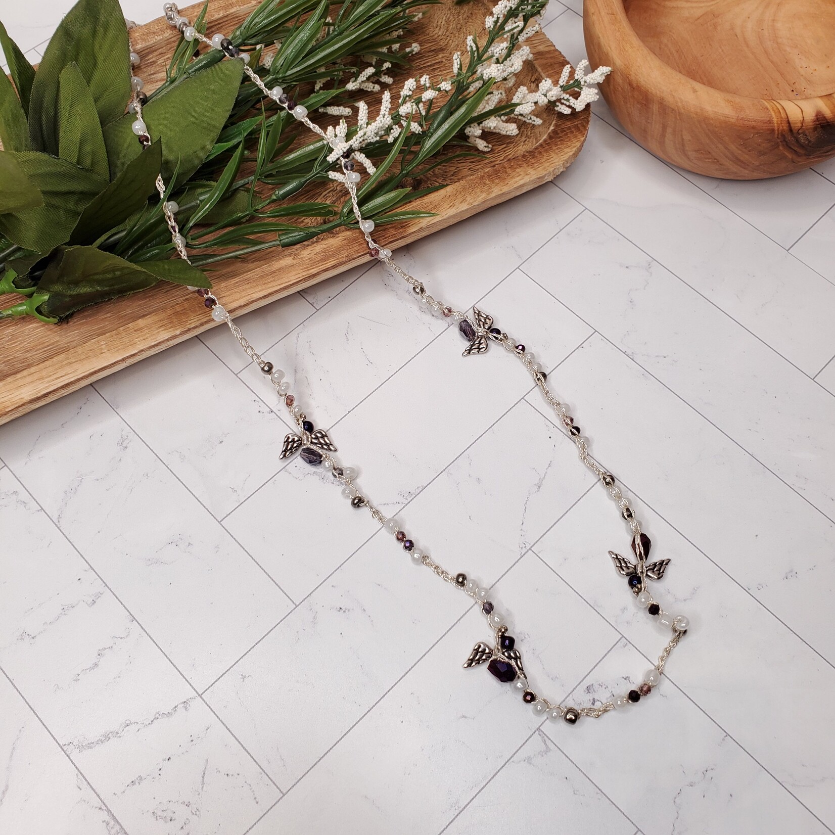 Crescent Moon Jewelry of the Sierras Bead Crochet Necklace - White & Silver - 30"