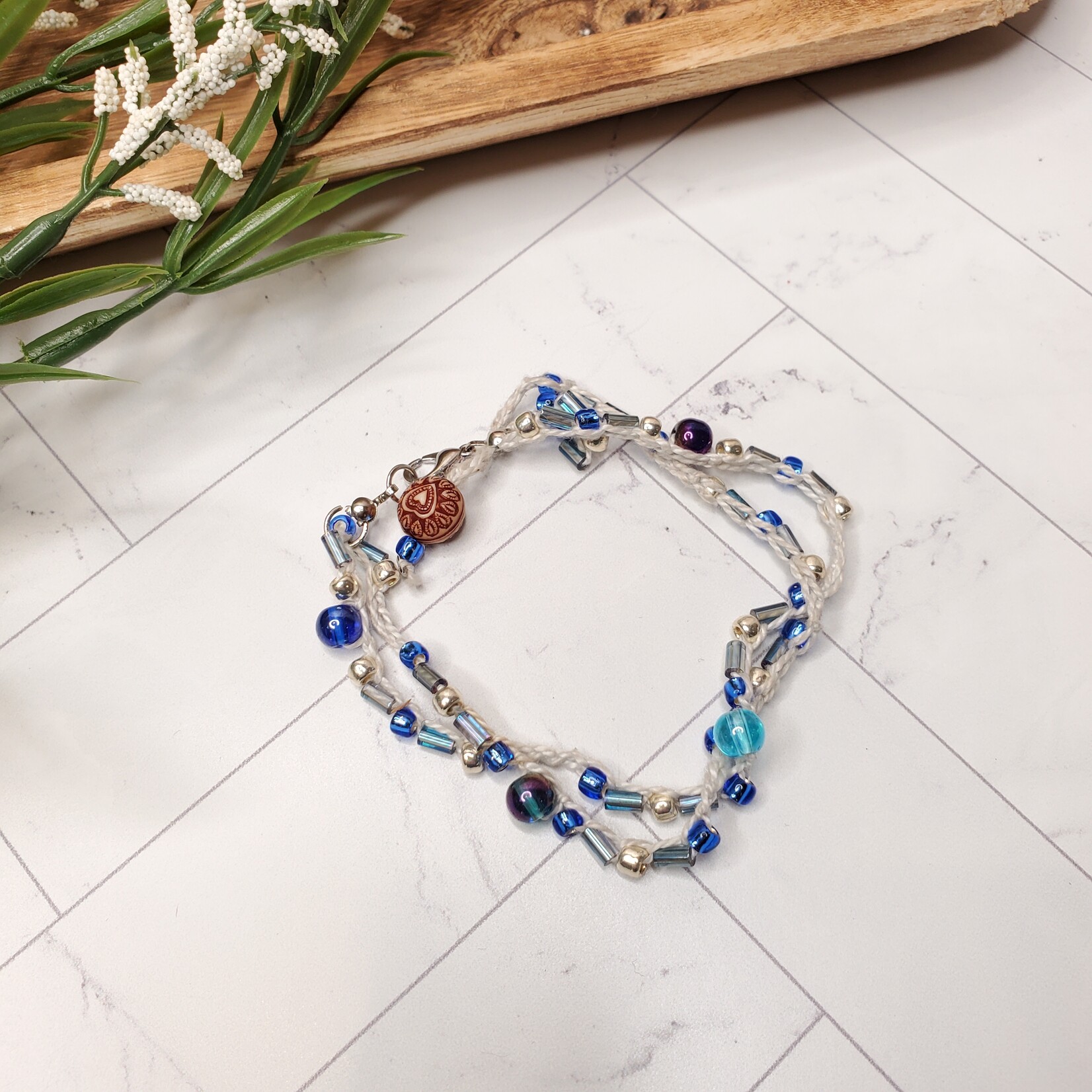 Crescent Moon Jewelry of the Sierras Bead Crochet Double Bracelet - Blue & White - 8"