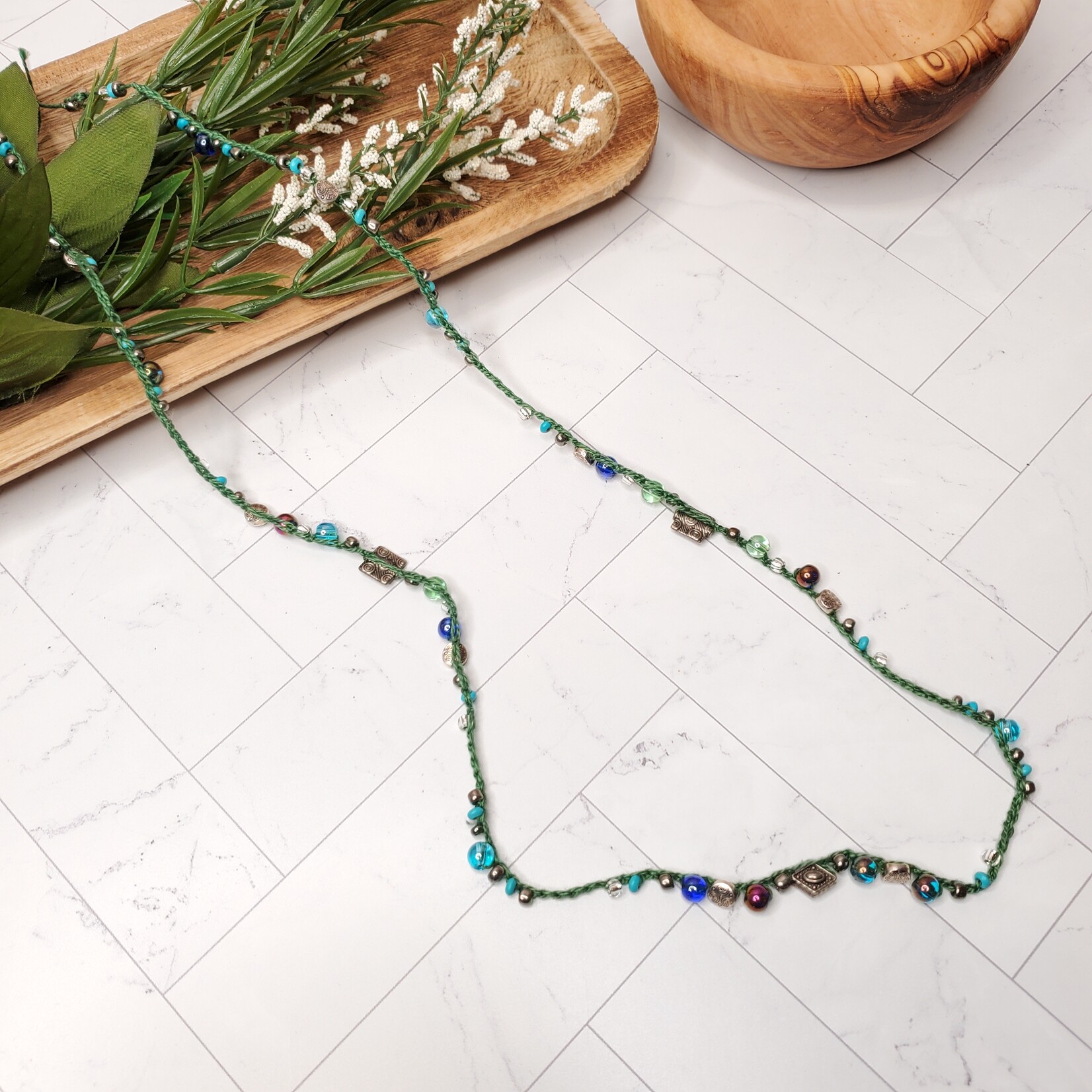 Crescent Moon Jewelry of the Sierras Bead Crochet Hat Band - Green & Multi-colored - 36"