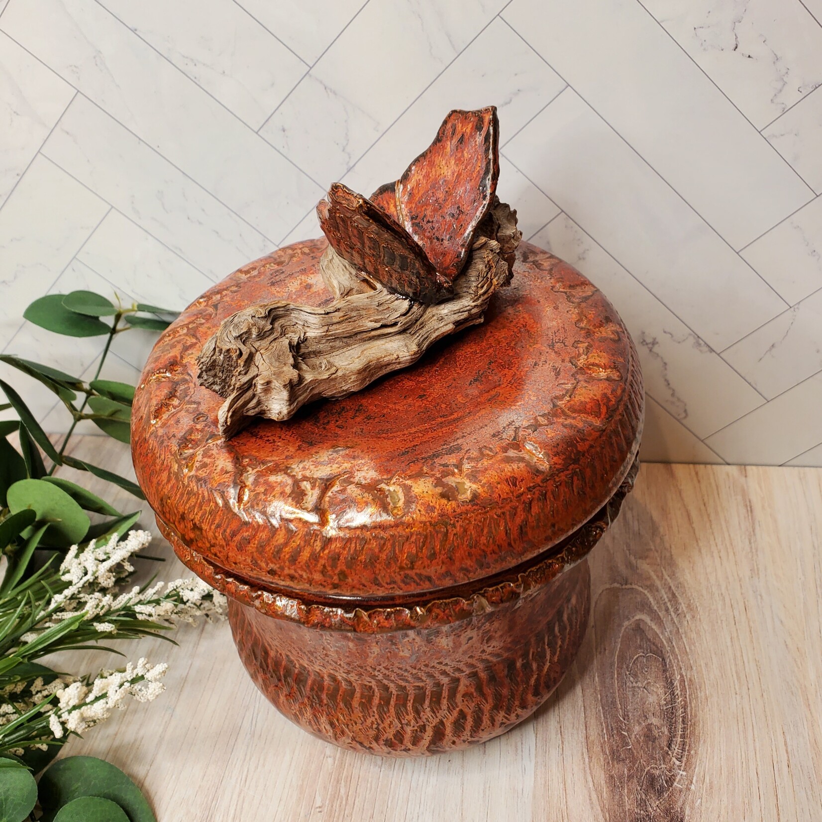 Elaine Randall Dream Jar with Forest Driftwood and Butterfly - Ancient Copper Glaze