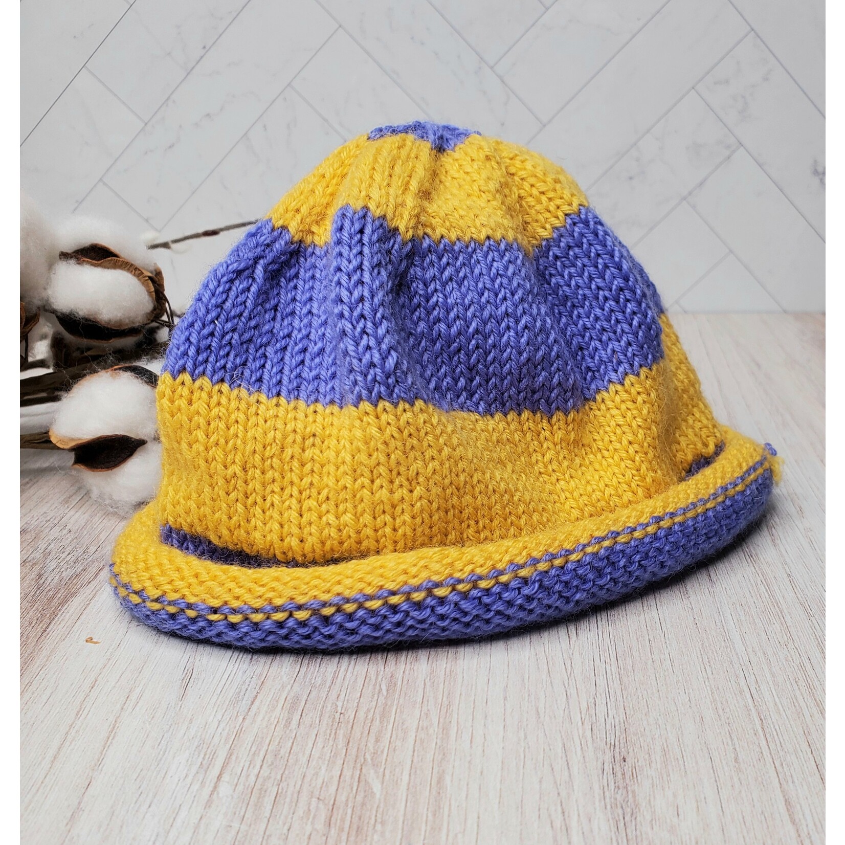 Roan's Repertoire Baby Hat - Purple & Yellow Stripe - 6-9 mos. - hand knit