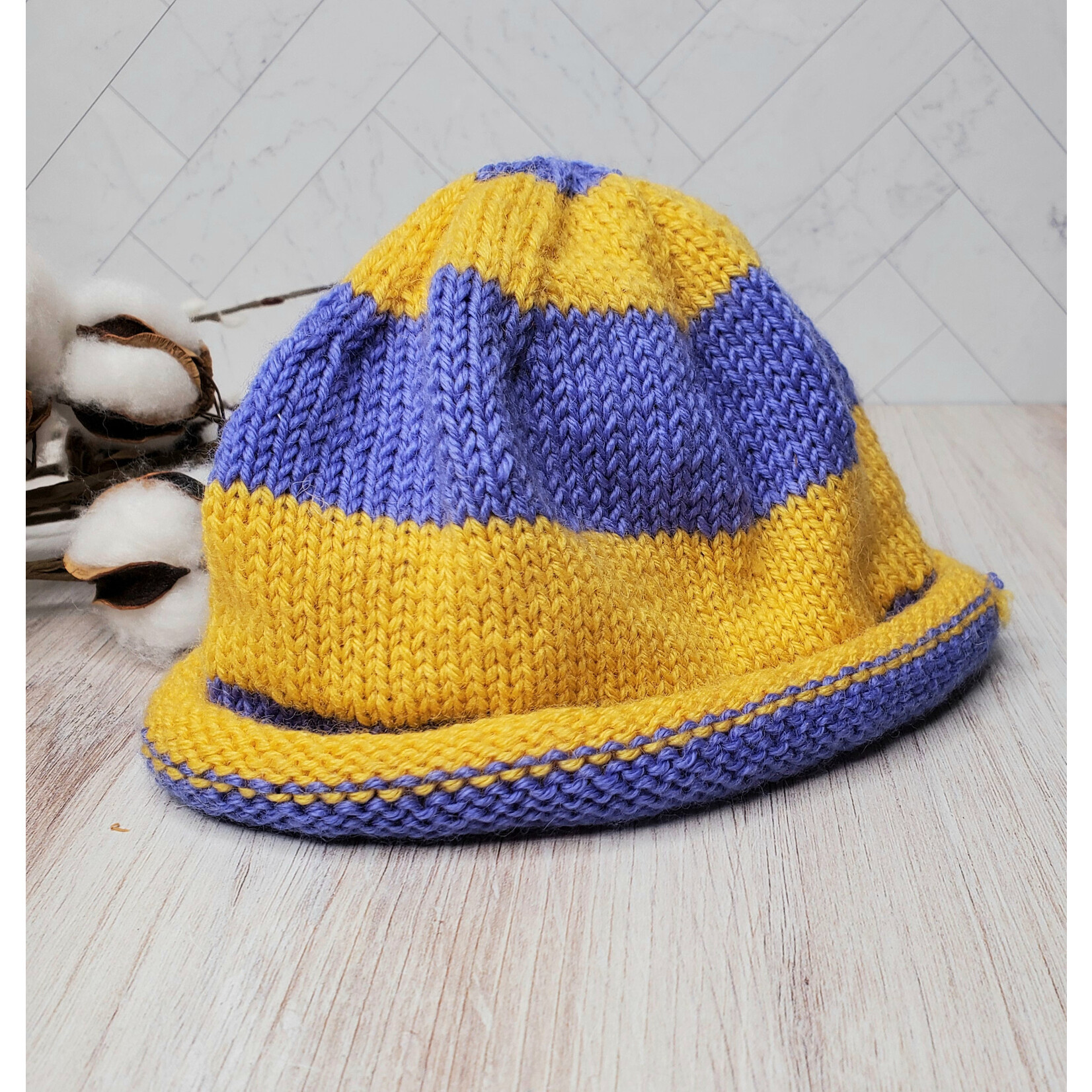 Roan's Repertoire Baby Hat - Purple & Yellow Stripe - 6-9 mos. - hand knit
